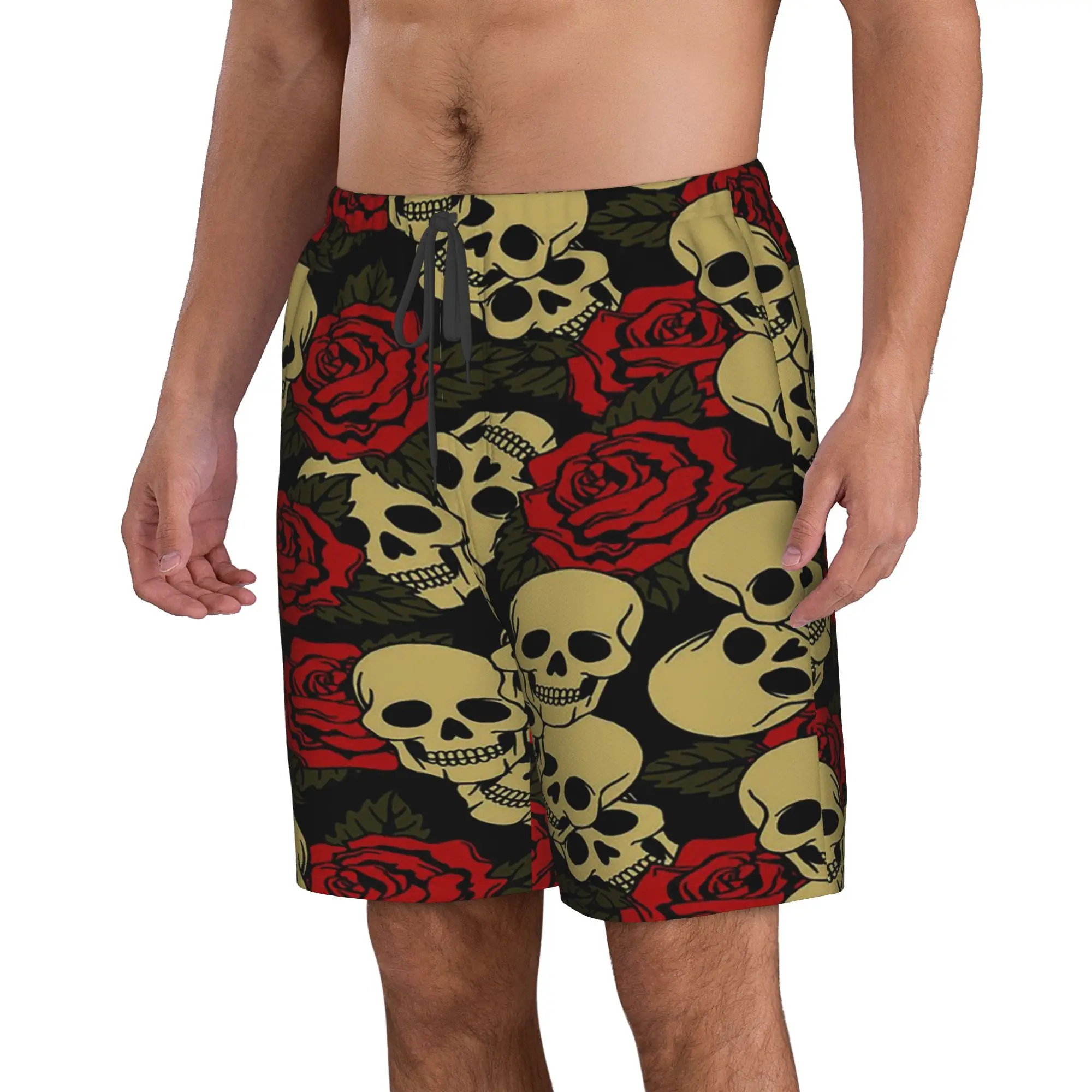 Vintage Skulls & Roses Pattern Trunks Beach Board Shorts Casual Quick Dry Swim Summer Men Pants