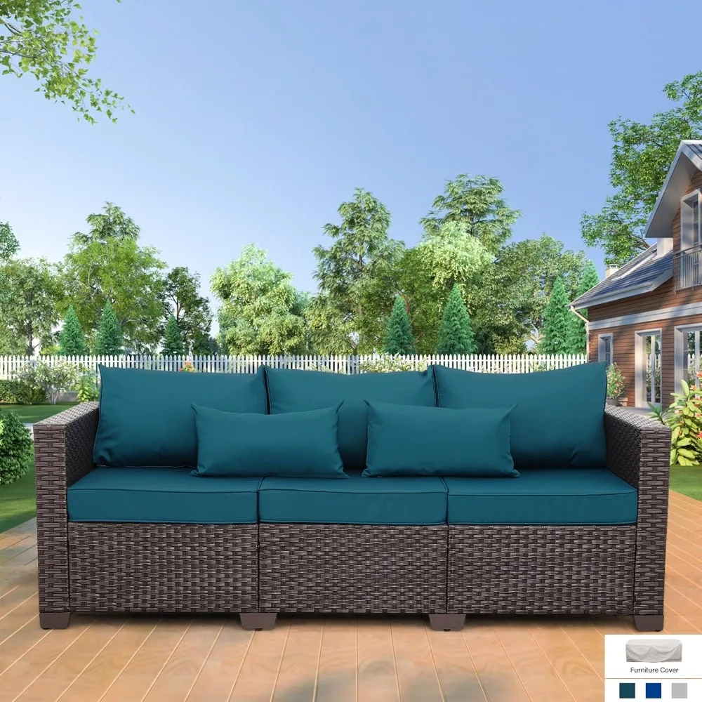 3 Seater Sofa Outdoor Furniture Deep Seat High Backrest Patio Couch with Non-Slip Cushions and Waterproof Cover, Peacock Blue