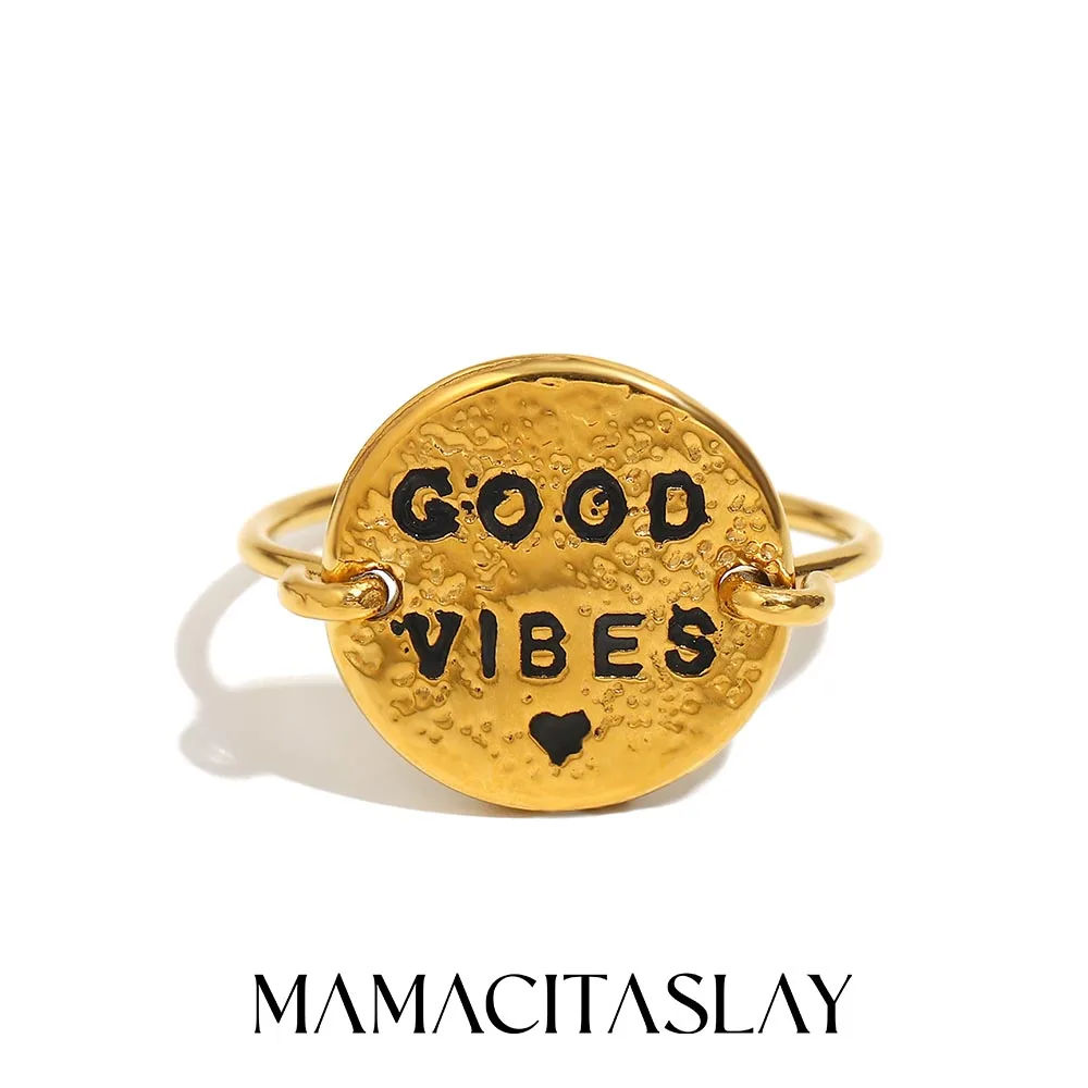 MamacitaSlay 316L Edelstahl Runder Buchstabe „GOOD VIBES“ Ring Party Wasserdichter Schmuck Damen Einzigartiger Charm-Ring Cooles Geschenk