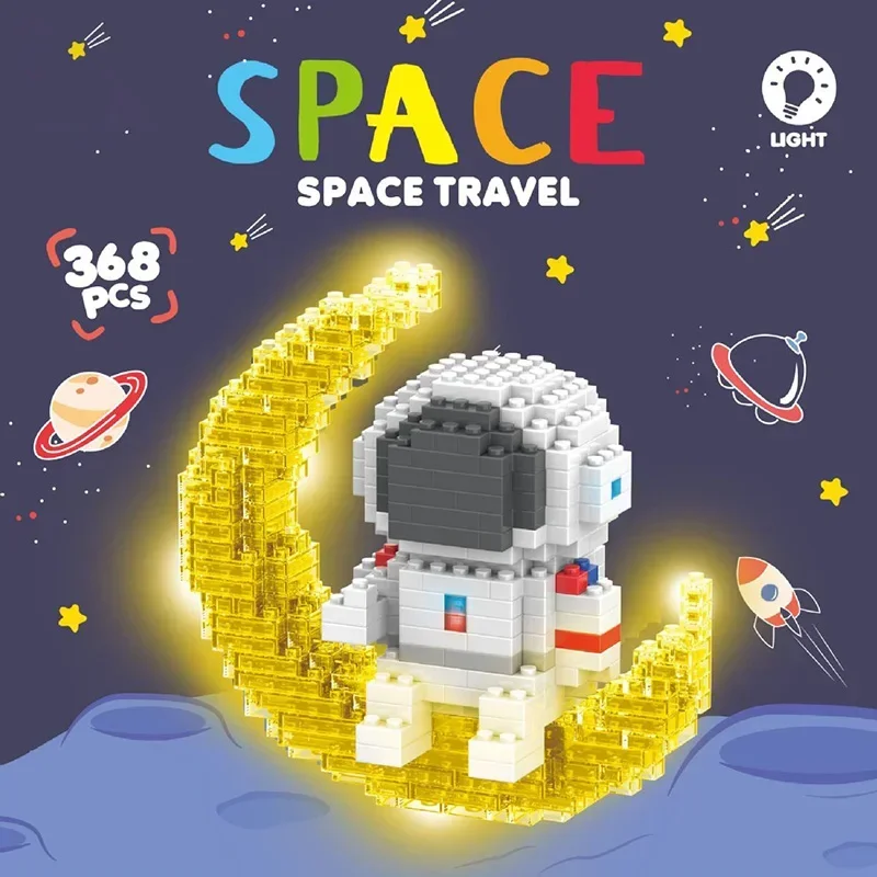 Knew construído luminoso astronauta lua micro tijolo blocos de construção conjunto brinquedos educativos led luz tecnologia tijolos para adultos