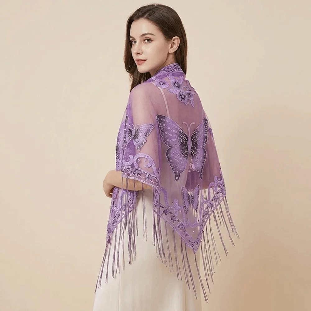 Elegant Flower Lace Hollow Scarf Butterfly Embroidery Tassel Triangle Shawl Polyester Wraps Mesh Scarves Church