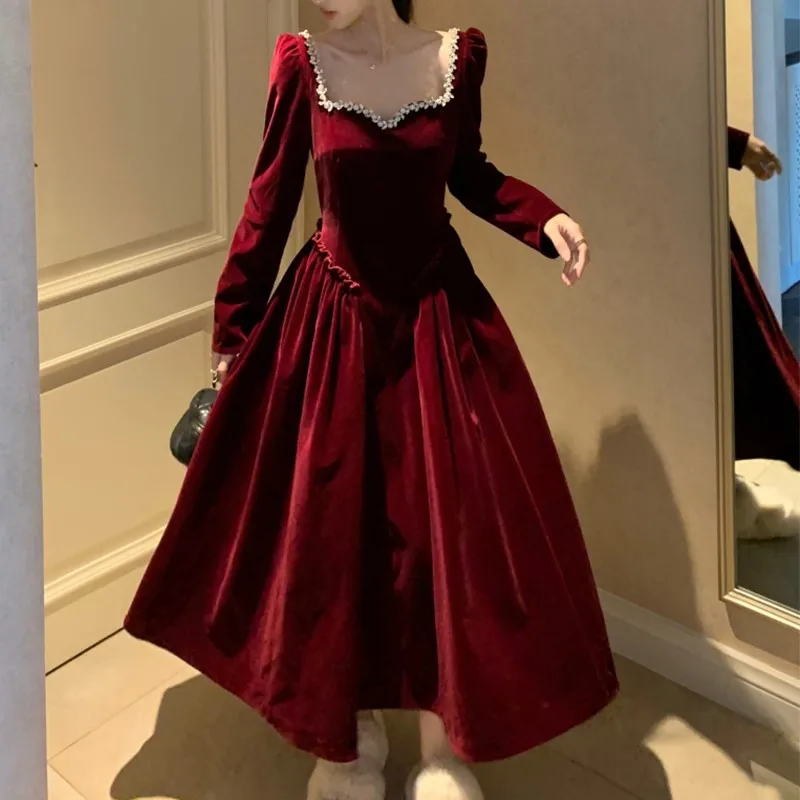 New gown square collar long sleeve big size fat sister waist slimming Hepburn style dress