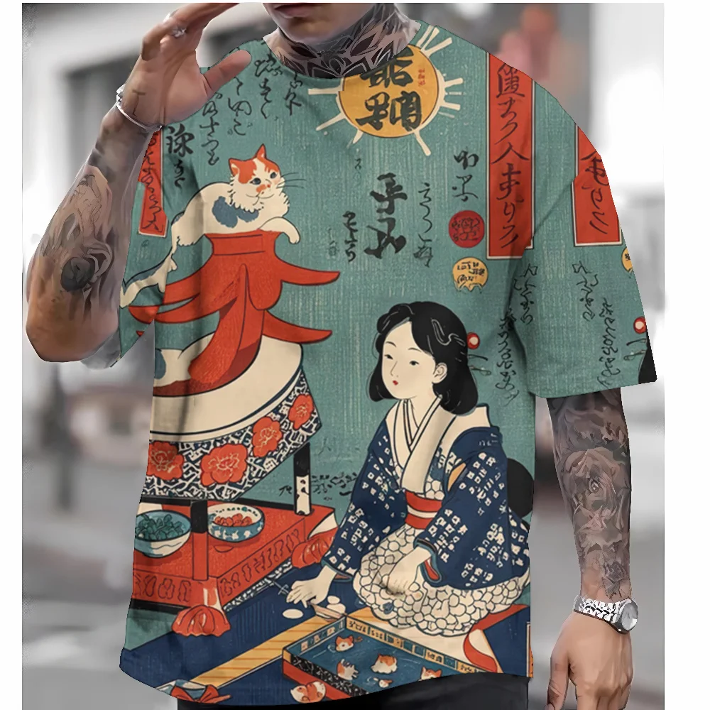 Men\'s T-Shirt Japanese Style Geisha Ukiyo-e Graphic 3D Printed Casual Short Sleeved Tee Outdoor Oversized Men Clothing Tops New