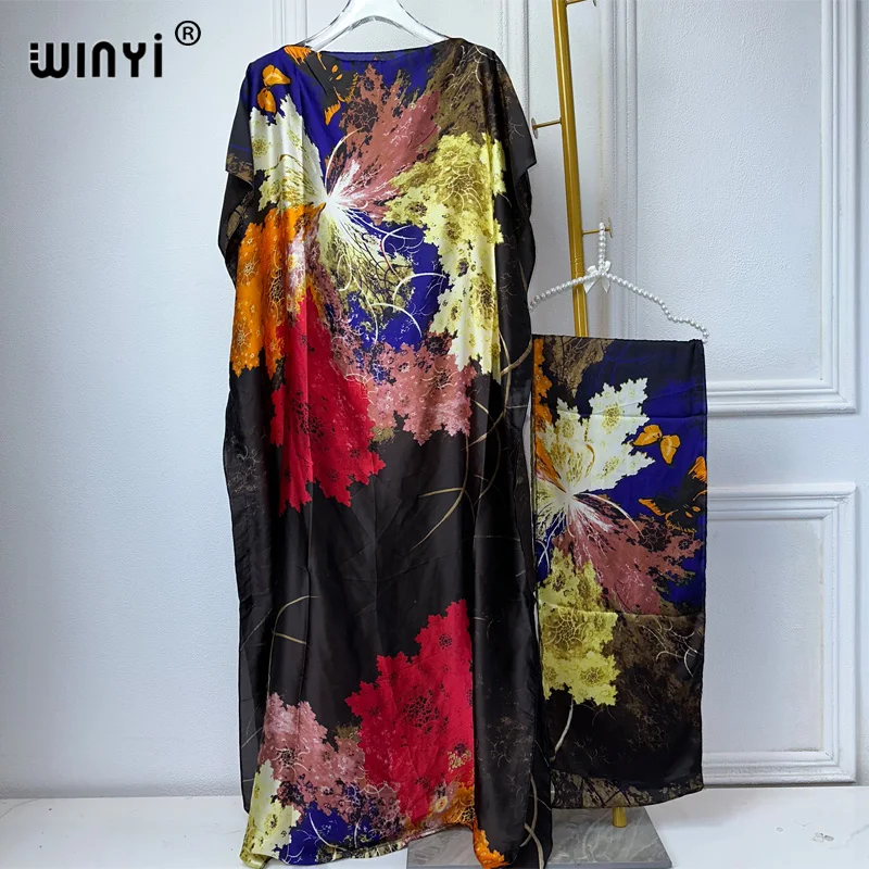 WINYI muslim women clothing african dubai abaya Crew Neck Long Sleeve Kaftan Dress, Elegant Maxi Length Dress, evening dress