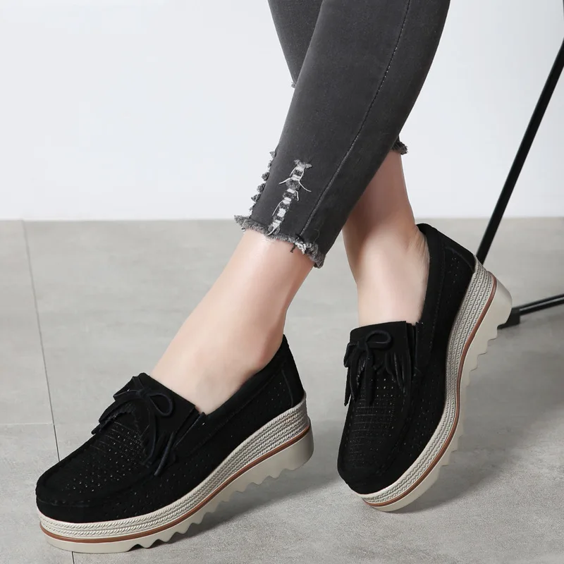 

New Women's Tassel Bowtie Loafers Suede Wedges Pumps Ladies Platform Thick Bottom Female Footwear Spring Casual Creepers Shoes