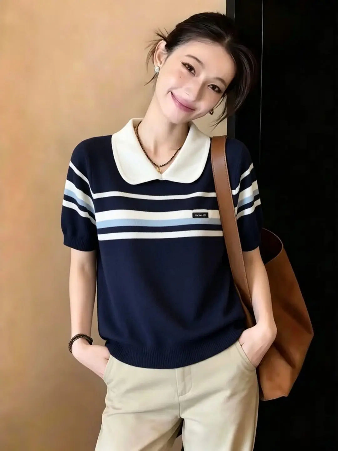 

High-End plus Size Women's Shirt Summer Slimming Design Color Block Stripes Doll Collar Top Casual Style Loose Fit Short Sleeve
