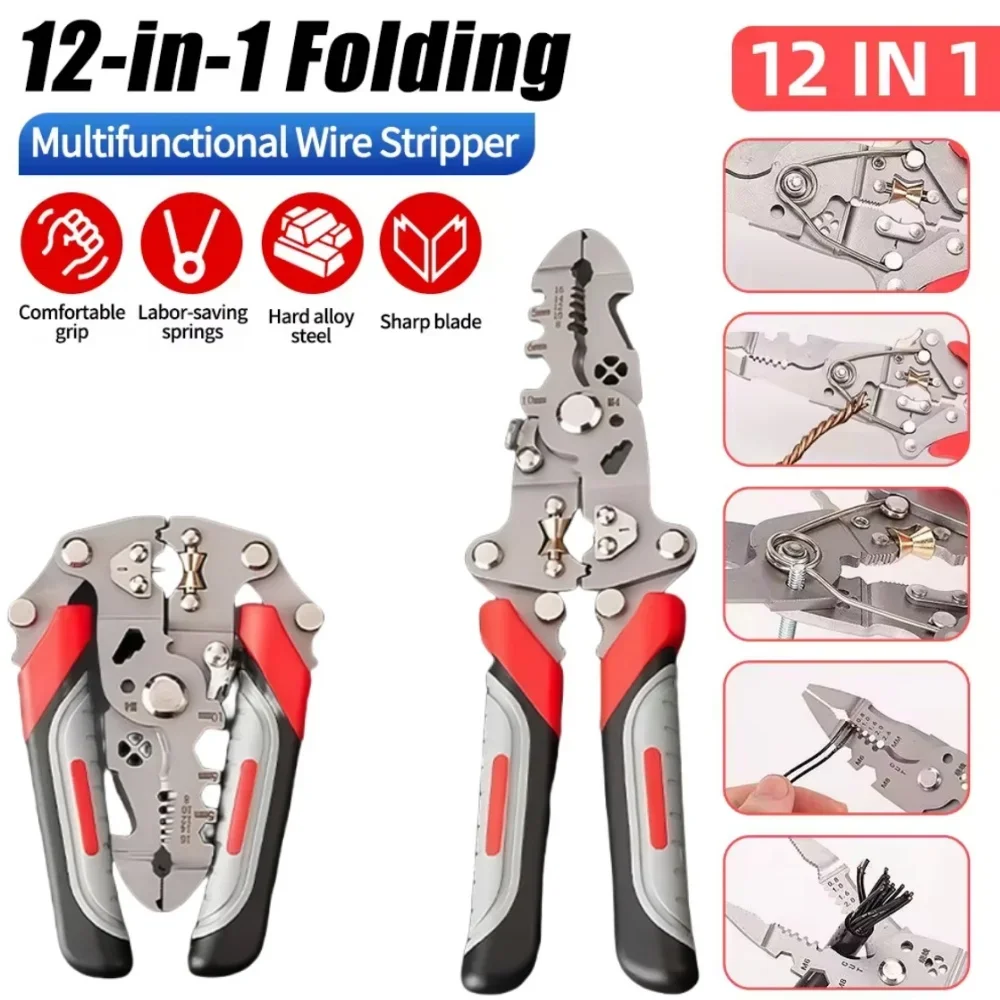 12 In 1 Multifunctional Foldable Wire Stripper Cable Cutting Pliers Cable Stripper Cutter For Pressing Pliers Winding Wire