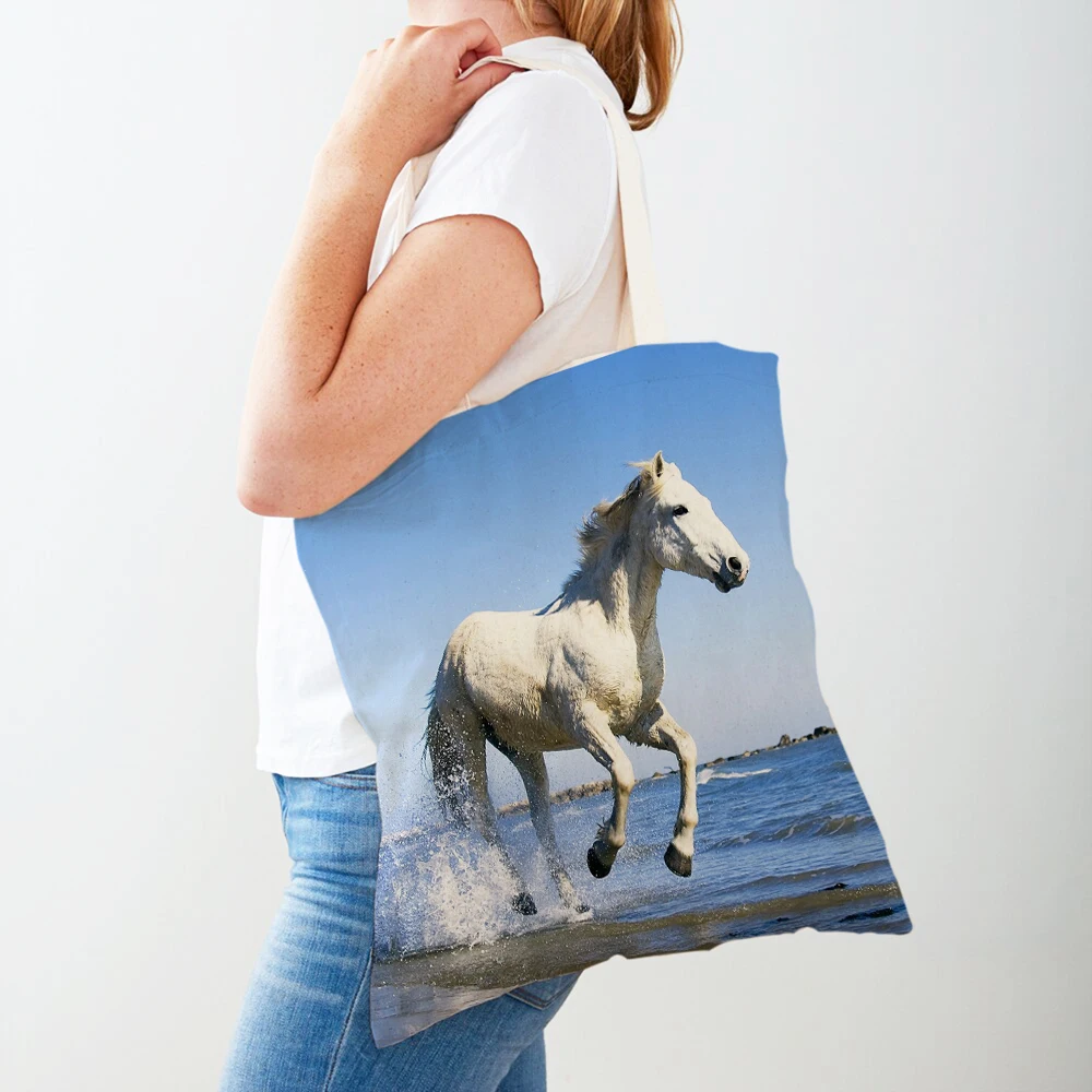 

Canvas Horse Lady Shopping Bag Both Sided Print Reusable Fashion Wild Animal Travel Tote Handbag for Women Shopper Bags