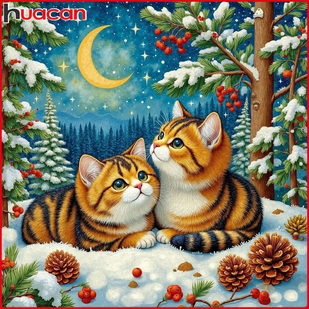 Huacan 5D DIY Diamantmalerei Katze Winter Diamant-Mosaik Tier Landschaft Komplettes Set Heimdekoration