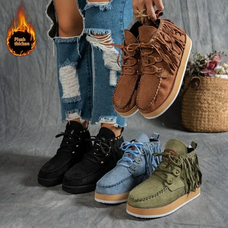 

Goth Style Tassel Ankle Boots for Women Retro Fashion Thick Sole Shoes for Women Designer High-top Flat Womens Shoes Botas Mujer