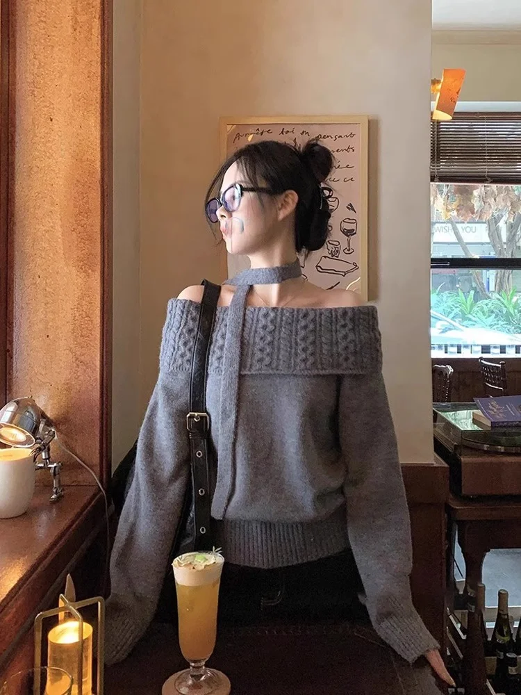 

Вязаный свитер с открытыми плечами и длинными рукавами для женщин, мягкий и уютный топ на одно плечо для ранней весны