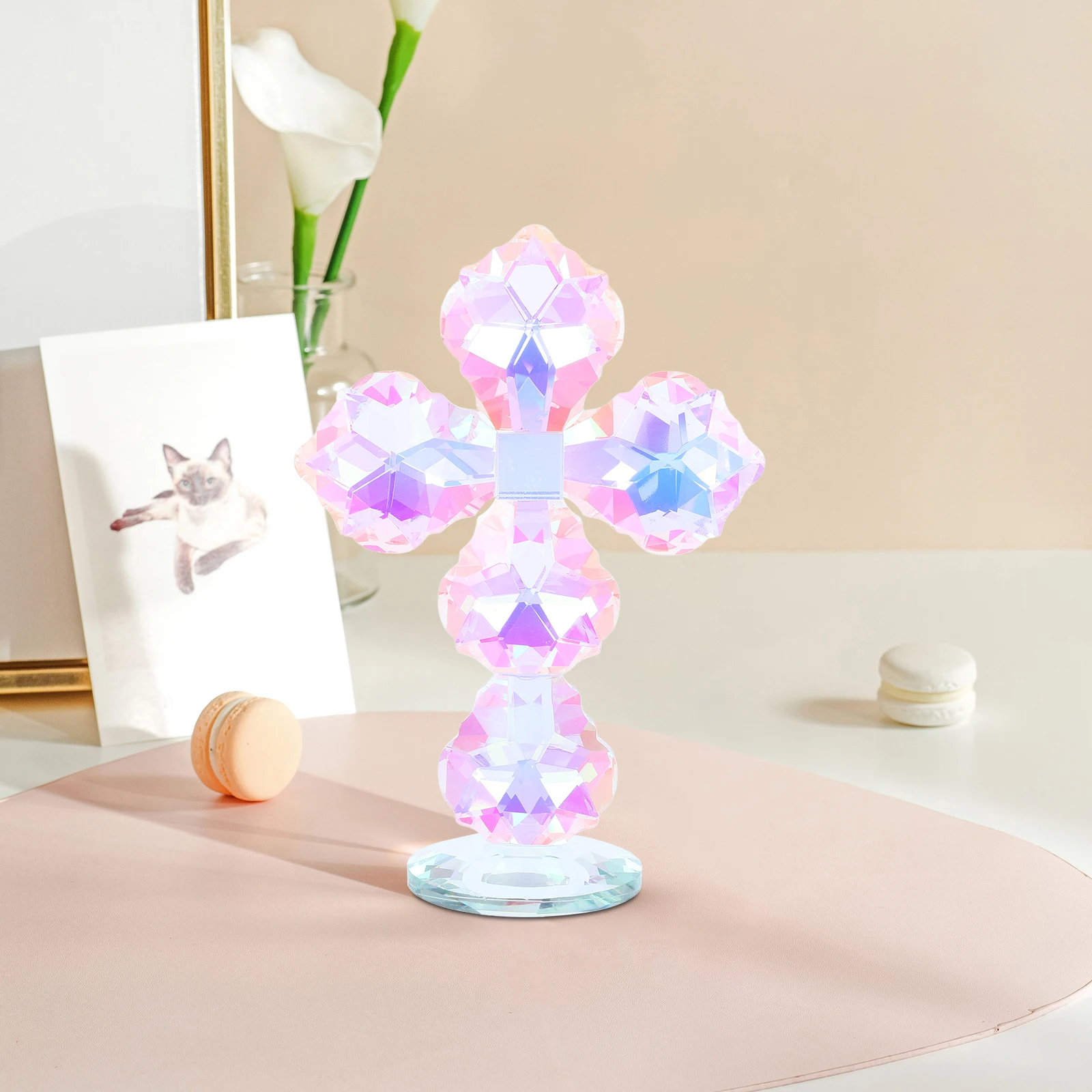 

Crystal Crucifix Standing on Base Tabletop Ornament Prayer Religious Decor Memorial Home Christian Gift Religious Table Statue