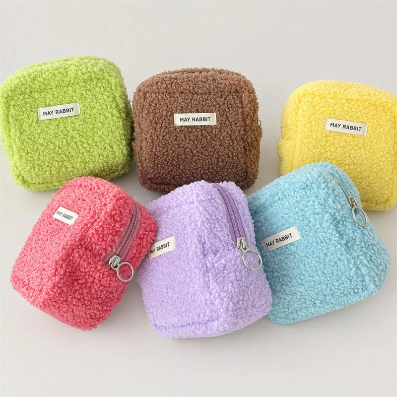 Candy Color Teddy Fleece Mini Cosmetic Bag Girls Portable Lipstick Earphone Storage Pouch Cute Plush Small Coin Purse