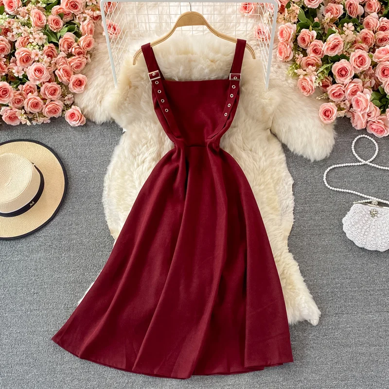 ssTss Hepburn Spaghetti Strap Dress Age Reduction Women Sweet High Waist Backless Dresses Girl Bodycon Midi Slip Dresses