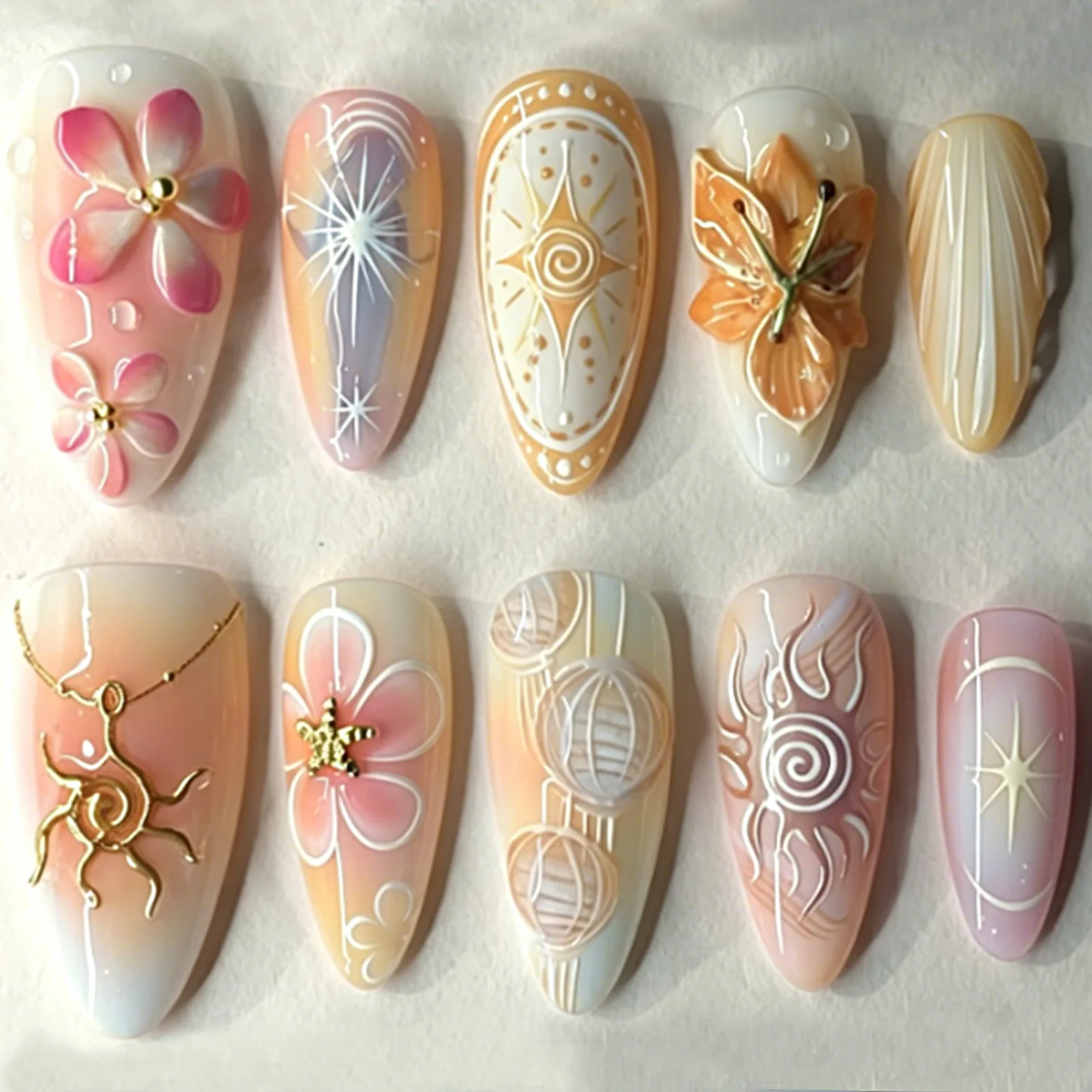 24Pcs Almond Design Nails Sets Press on Relief Flower Gilded Star False Nails Art Tips Gradient Stick on Reusable Fake Manicure
