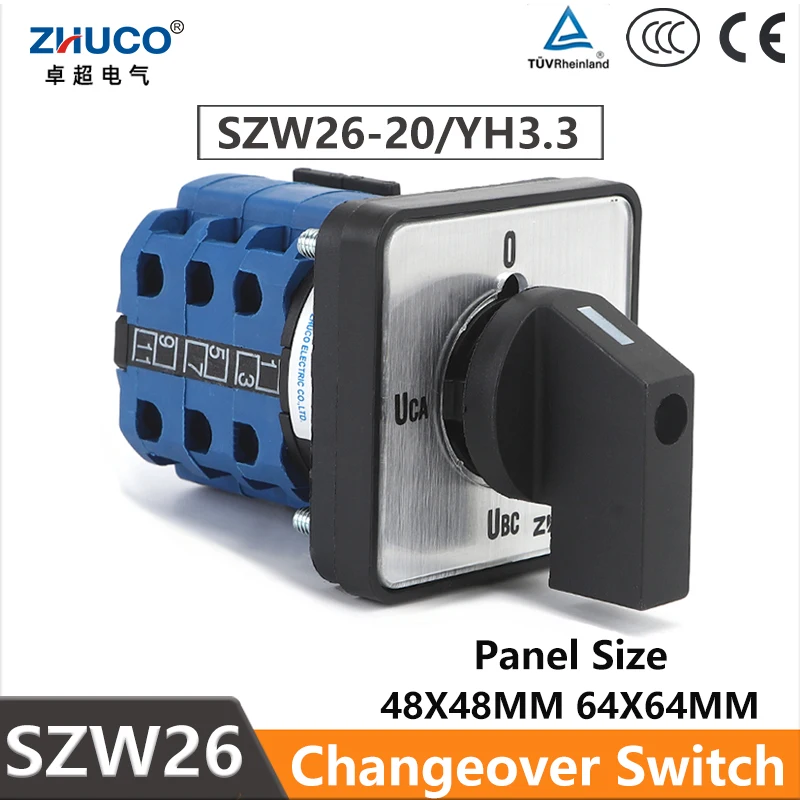 ZHUCO SZW26/LW26-20 YH3.3 20A 4 Lines 0-UAB-UBC-UCA 3 Pole 12 Screws Transfer Rotary Voltmeter Voltage Selector Cam Switch