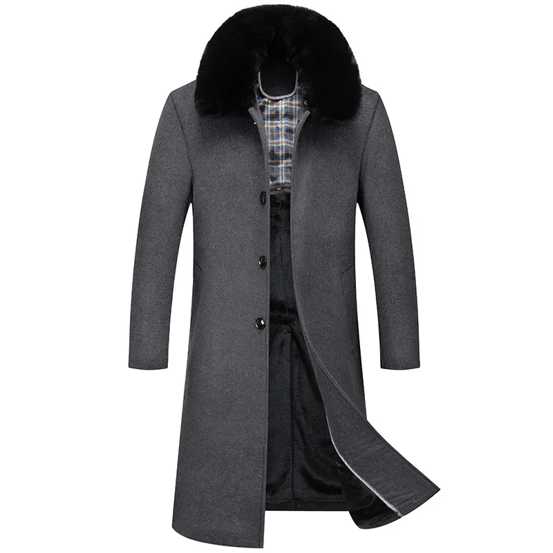 Men Fur Collar Woollen Overcoats Business Casual Cashmere X-Long Jackets Winter Trench Coats Quality Male Fleece Warm Wool Blend