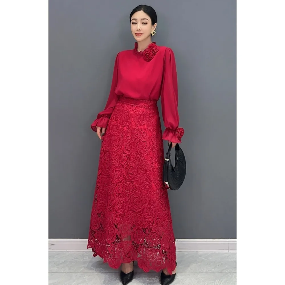 

2024 Autumn New Fashionable Versatile Trendy 3D Long Sleeve Shirt + Irregular Skirt Two Piece Set Women Red Dress Set ZF042