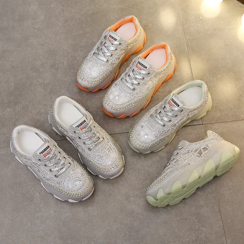 

Thick-Soled Daddy Shoes 2025 New Summer Women's Mesh Shoes Breathable Thin Mesh Hollow Rhinestone Sequin Sneakers