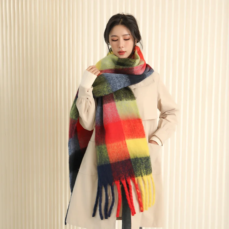 2022 New Cashmere Scarves Winter Thick Women‘s Pashmina Shawls Ladies Long Warm Tassel Scarf Rainbow Wrap Hairy Bufanda Foulard