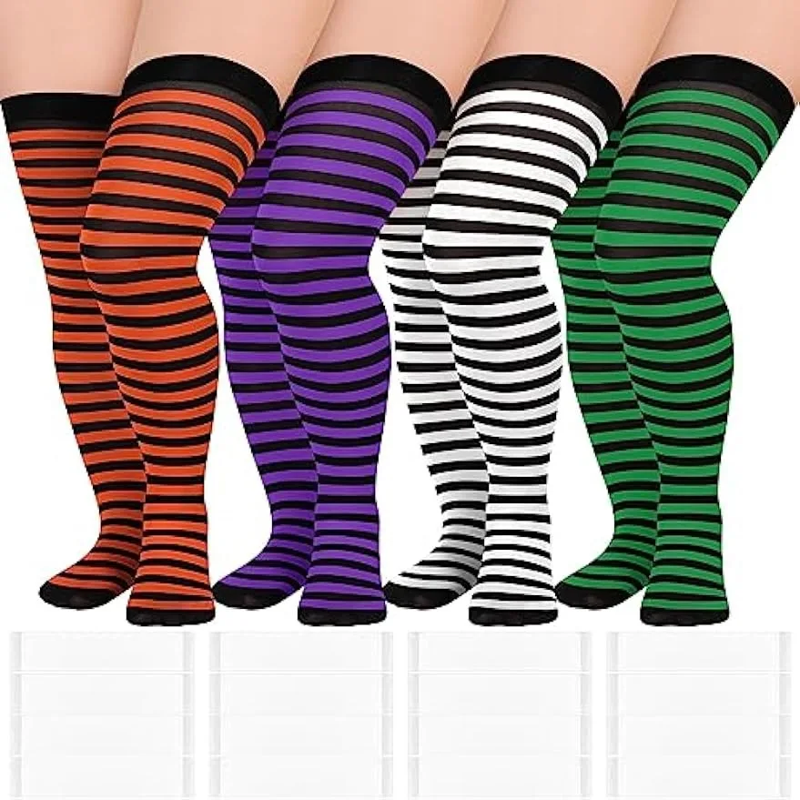 Halloween-Oberschenkelstrümpfe in Übergröße für Damen, lange gestreifte Overknee-Socken mit Anti-Rutsch für Halloween-Kostüme