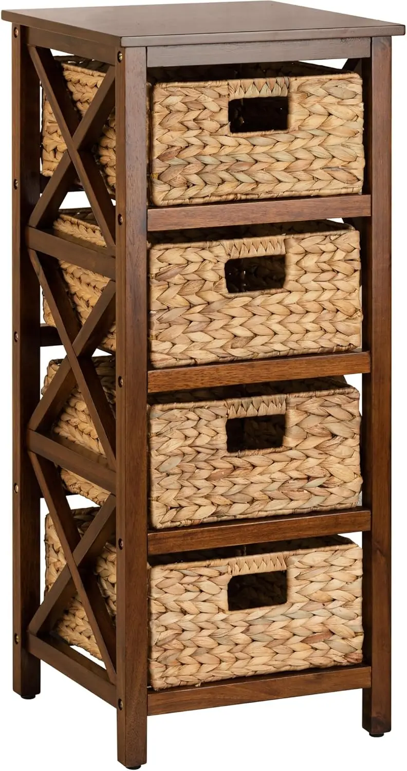 

4 Tier X-Side End Storage Cabinet with 4 Wicker Baskets, Walnut