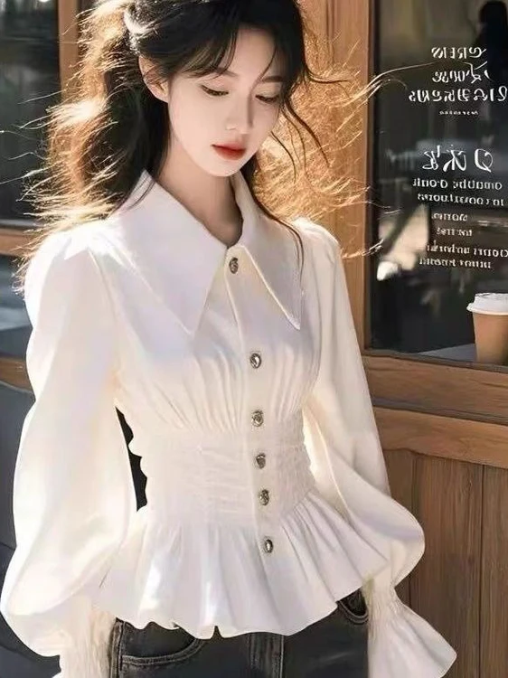 Ele White Long Sve irt da donna Faionable Slim Fit Colletto rovesciato Vita stretta Sle unico Nuovo arrivo primaverile