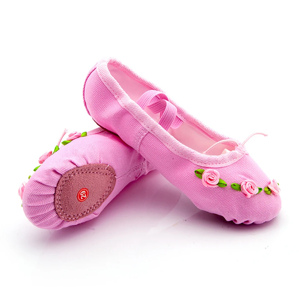 Girls\' Satin Practice Ballet Shoes Soft Bottom Dance Rose Flower Kindergarten Performance Dancing Shoes Zapatillas De Ballet