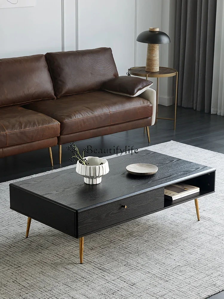 

pg45Nordic Solid Wood Coffee Table Living Room Light Luxury Coffee Table Modern Simple Retro Black Tea Table