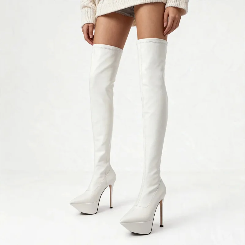 أحذية Ronticool النسائية الربيعية فوق الركبة ذات الكعب الخنجر بمقدمة مدببة أحذية الحفلات الفضية الجميلة مقاس أمريكي 37 #1