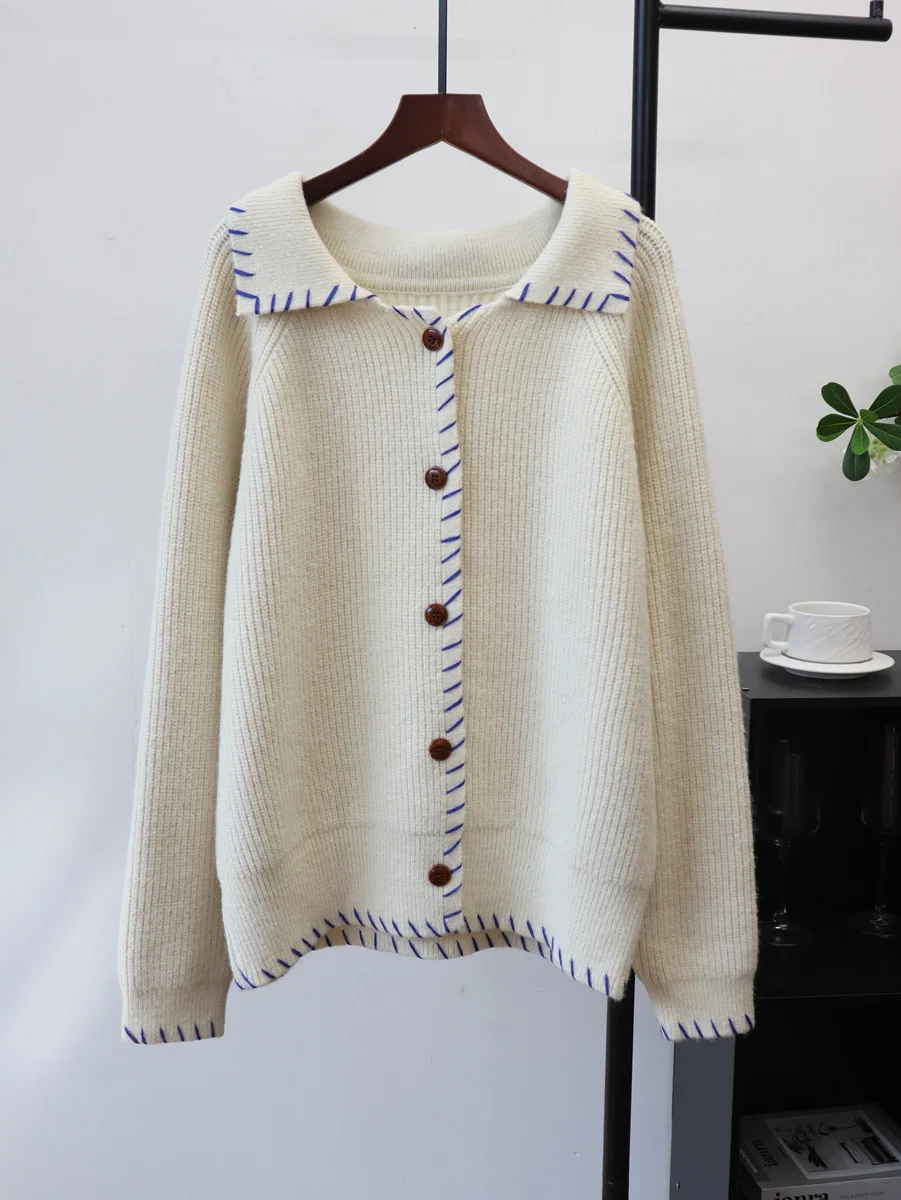 سترة نسائية قصيرة سترة محبوكة سترة صلبة بياقة مقلوبة وأكمام طويلة واحدة الصدر فضفاضة غير رسمية لخريف وشتاء 2025