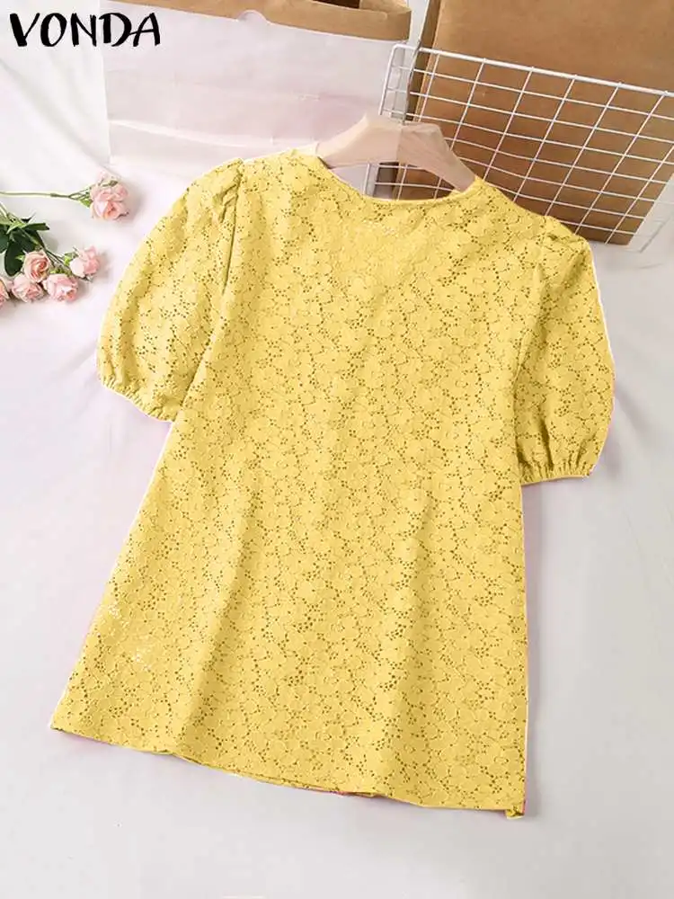 VONDA Women Summer Elegant V-Neck Blouses 2023 Casual Lace Tops Fashion Short Puff Sleeve Solid Color Shirts Loose Blusas