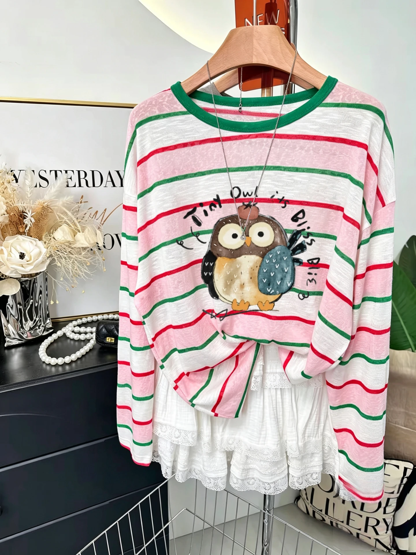 Korean Style Long Sleeve T-Shirt Women's Loose Fit Printed Thin Sun Protection Top Fashion Anti-Aging Striped Design Autumn N...