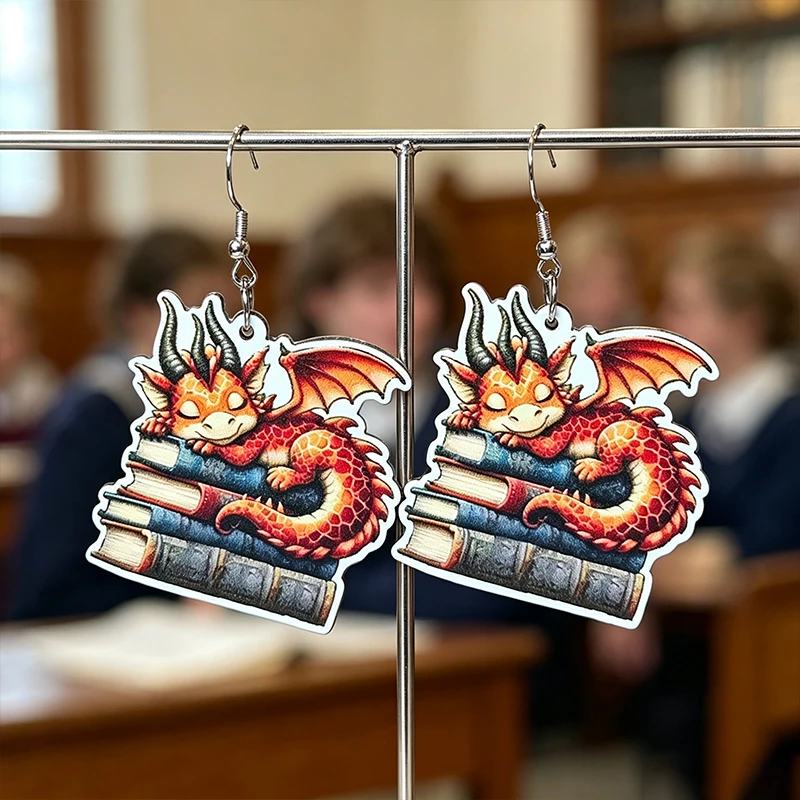 Cute Red Book Dragon Dangle Earrings Cartoon Flying Dragon On Stack Books Drop Earrings Book Lovers Librarian Gift