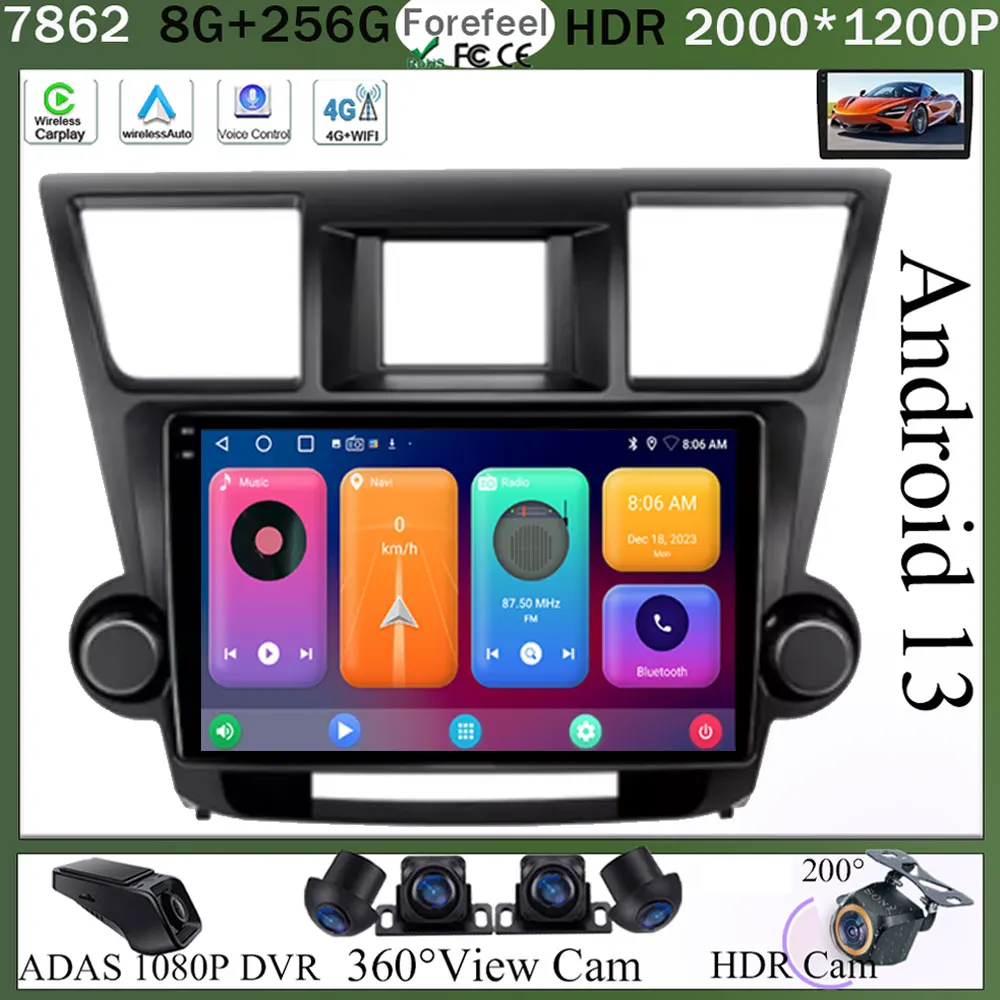 Android For Toyota Highlander 2 XU40 2007-2013 Multimedia Player Navigation Radio Stereo 5G  BT NO 2DIN DVD WIFI HDR Screen BT