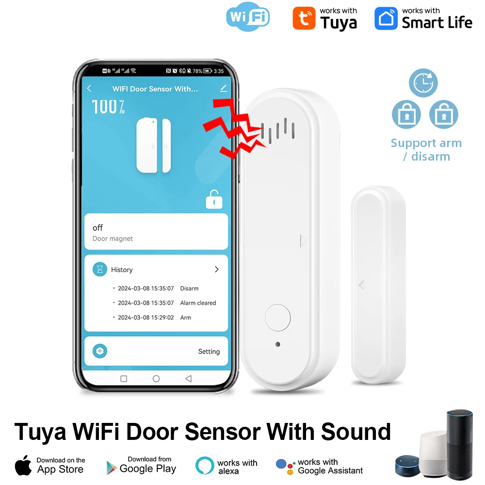 Tuya WiFi Door Window Sensor 80dB Sound WiFi Security Alarm Door Open Closed Detectors APP Remote Control Support Arm and Disarm