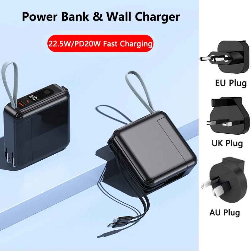 30000mAh Mini Power Bank Built in Cable Plug Wall Charger 22.5W Fast Charging for iPhone 15 Huawei Xiaomi Samsung Travel Charger