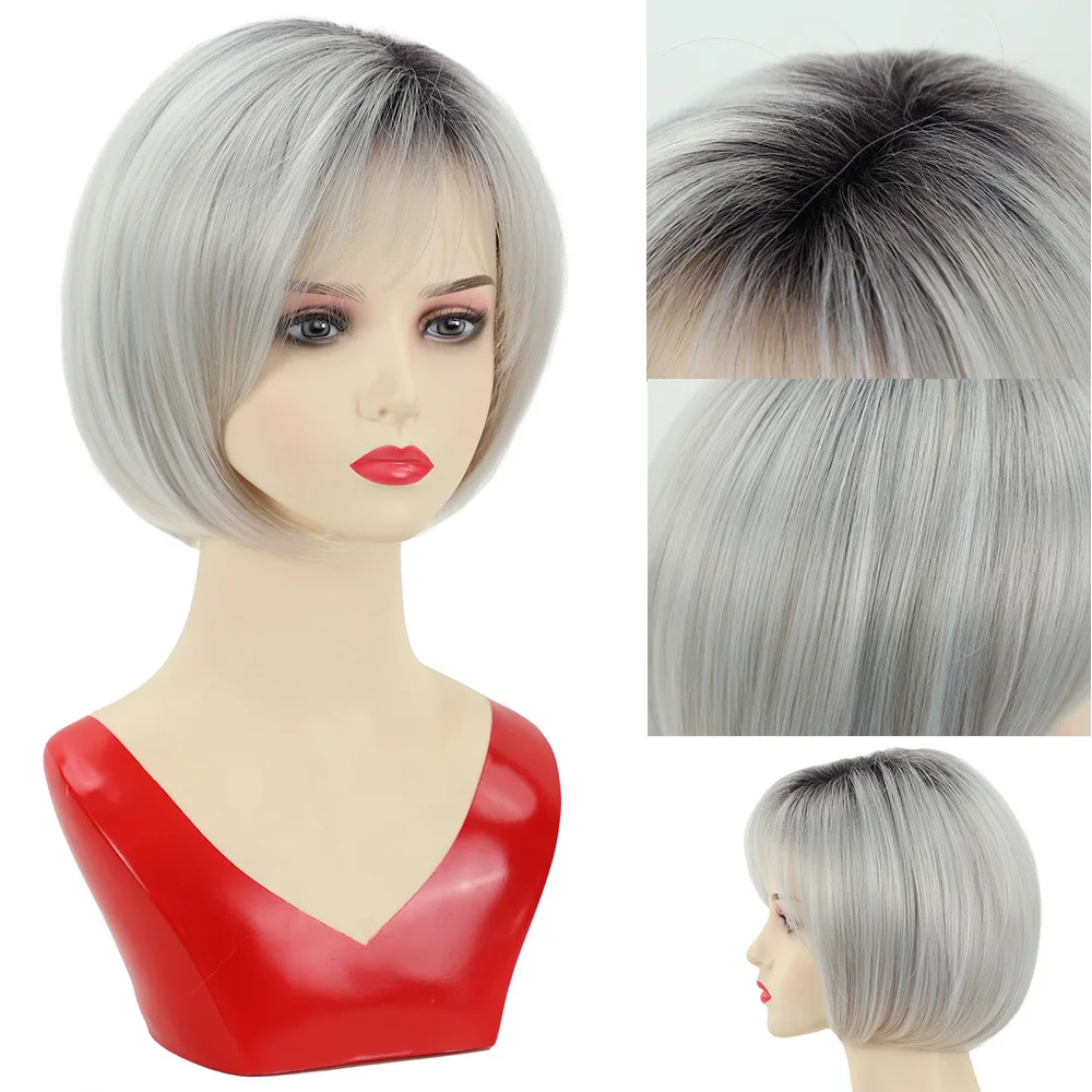 

Wig European beautiful woman short straight hair Qi bangs bobo head gradual change light gold chemical fiber headgear