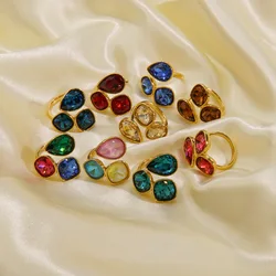 V. Stainless Steel Colored Water Droplet Block Element 14K Gold Inlaid Zircon Opening Ring Women Fashion Jewelry
