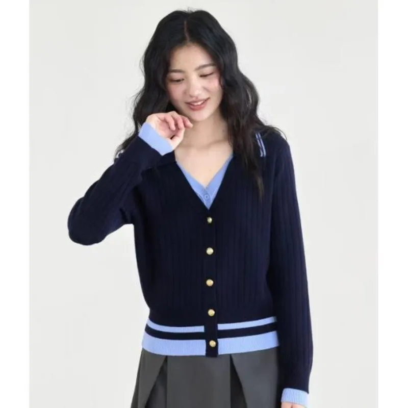 

Blouse Outerwear Knitwear Cardigan Knitted Top Layering Piece Women Autumn/Spring Plus Size Faux Two-piece Long Sleeves V-neck