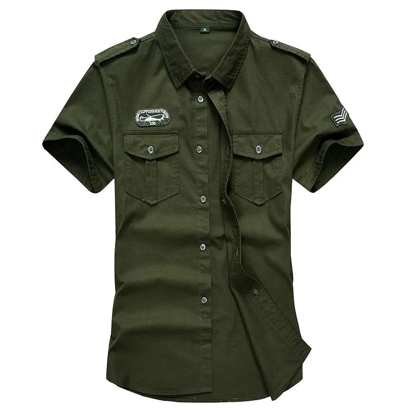 Men Cargo Shirts Summer Military Cotton Short Sleeve Shirts Retro Slim Fit With Pocket Epaulets Half Sleeve Shirts Drop Shipping