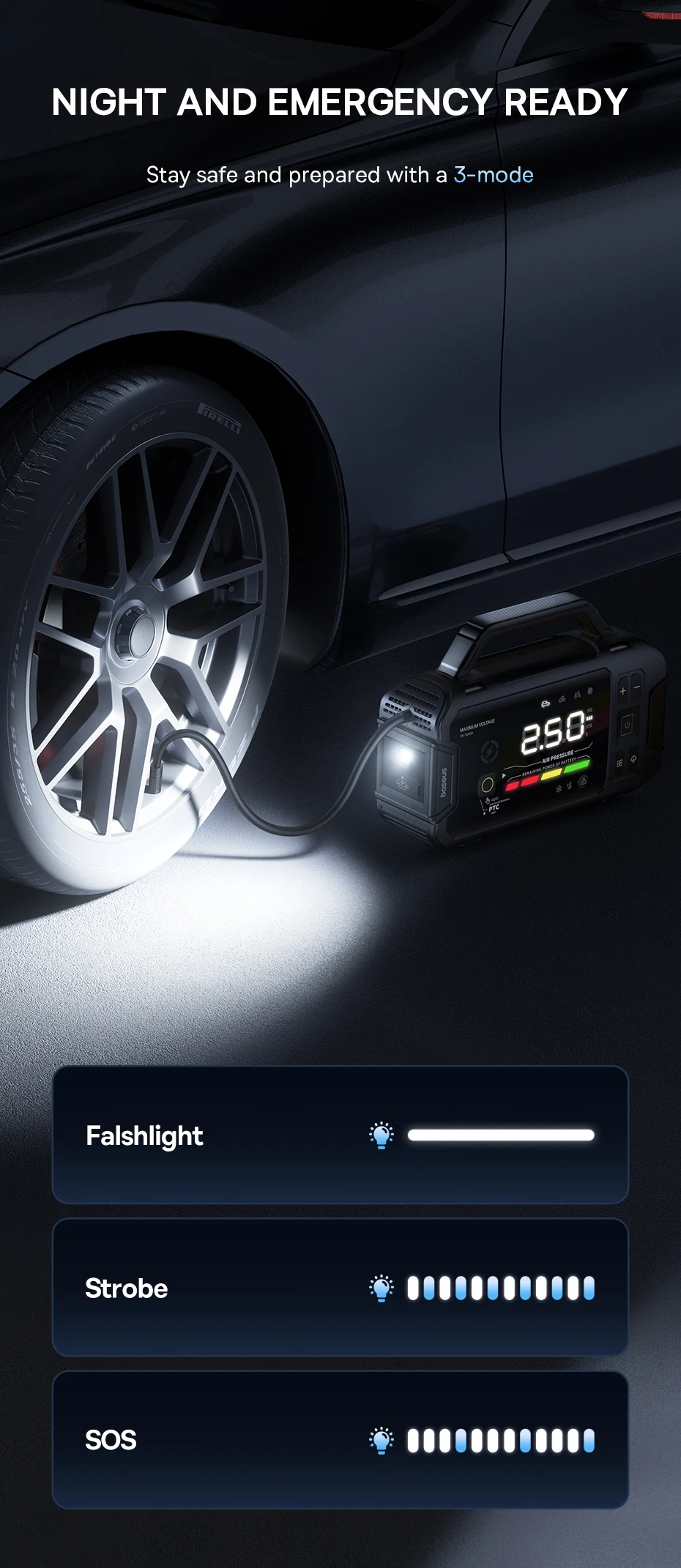 Baseus VJ1 3000A Starthilfe 4-in-1 150PSI Luftkompressor Powerbank 21600mAh Auto-Batterie Notfall-Booster Tragbares Startgerät – Detail 8