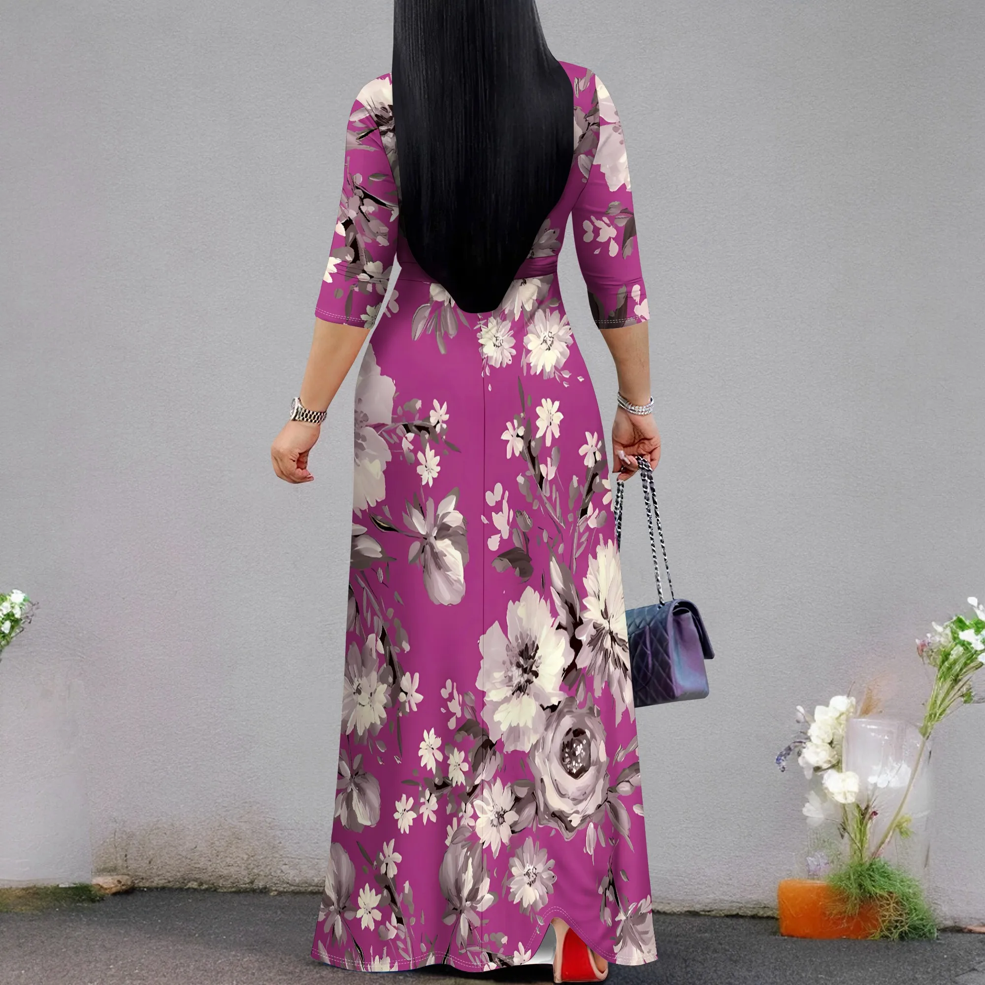Nupusa Floral Print Dress for Women Standard Size Summer Casual Wrap V Neck 3/4 Sleeve Maxi Dress