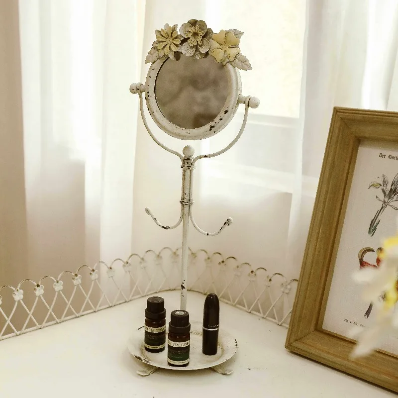 French Floral Decorative Mirror with Hook, Vanity Mirror for Jewelry Storage, Wall Mounted White Tabletop Accessory for Bedroom