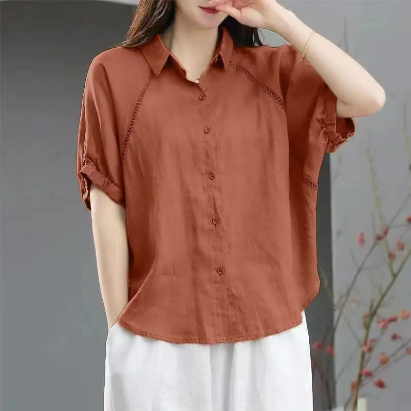 

Fashion Lapel Spliced Hollow Out Batwing Sleeve Shirts Women's Clothing 2025 Summer New Loose Casual Tops Commuter Blouses