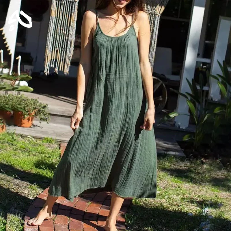 

Original Muslin 100% Cotton Summer Dress Loose Green Dress Sleeveless Maix Long Dress Sexy Women's Suit Daily Casual Sundress