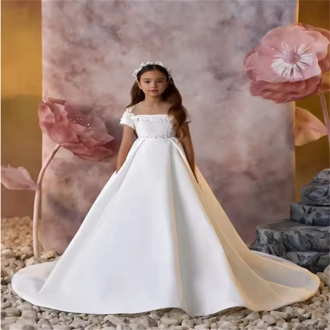 

Customized hite Flower Girl Dresses for Wedding Satin Floor Length Girls Baby Girl Prom Gown for Photoshoot Princess First