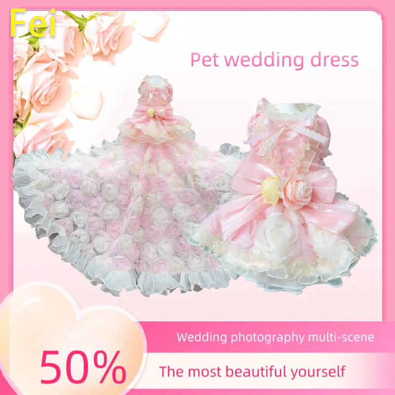 

Luxury Handmade Tailored Wedding Pet Dress - Long Train Bow Tie Outfit for Dogs Cats, Photography Birthday Party Memorial Gift