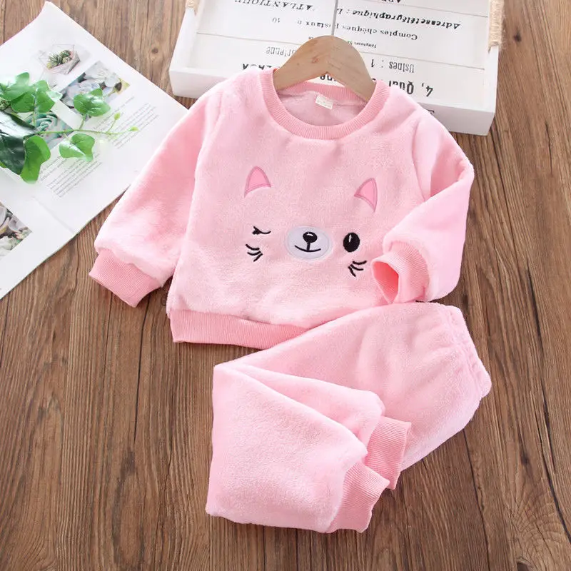 2PCS Baby Set Infant Autumn and Winter French Brushed Cartoon Cat Embroidered Long Sleeve Pants Warm