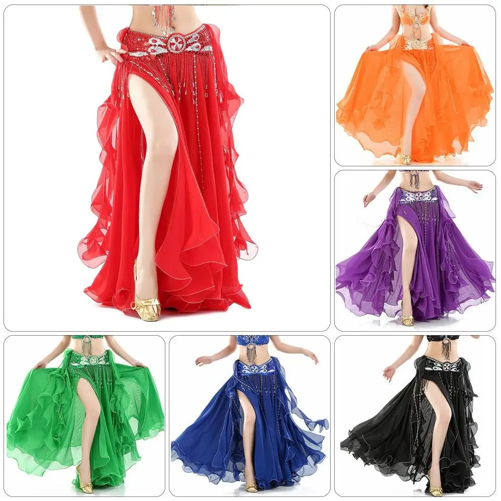 Saia elástica do chiffon para mulheres, borlas brilhantes de lantejoulas, fantasias sexy de desempenho, roupas de dança